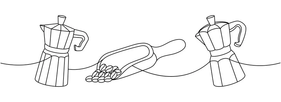 Coffee one line continuous drawing. Italian coffee makers, coffee beans on Illustration