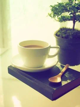 Coffee open book and small tree Stock Photos