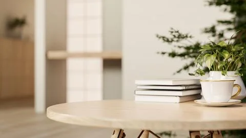 Coffee or tea in ceramic cup and book aside pot plant on wooden table in mo.. Stock Illustration