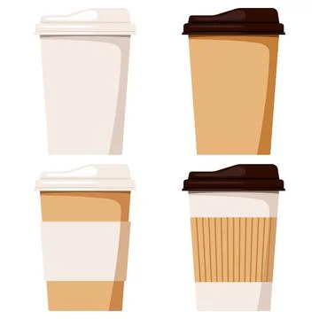 Coffee or tea cup with cap icon set, front view, isolated on white background. Stock Illustration