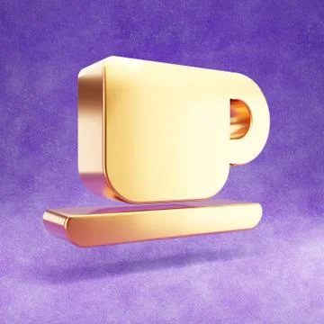 Coffee or tea cup icon. Gold glossy cup symbol isolated on violet velvet back 스톡 일러스트
