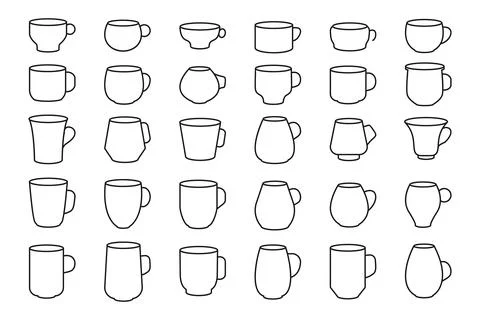 Coffee or tea cup mug black line icon set vector Stock Illustration