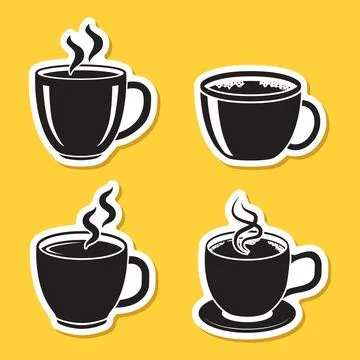 Coffee or tea cup sticker icon set in flat style. Hot drink vector illustra.. Stock Illustration