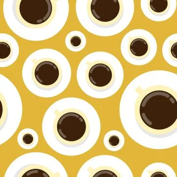Coffee or tea cups on yellow background, vector seamless pattern. Fresh organic イラスト素材