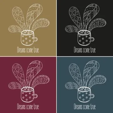 Coffee or tea set. Dreams come true text Stock Illustration