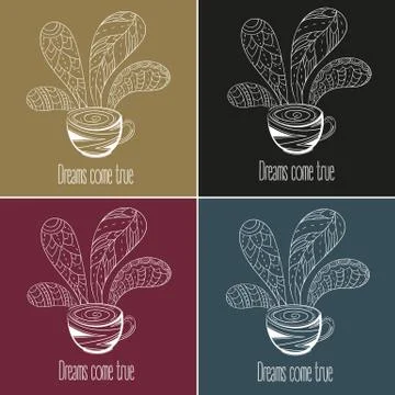 Coffee or tea set. Dreams come true text Stock Illustration