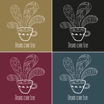 Coffee or tea set. Dreams come true text Stock Illustration