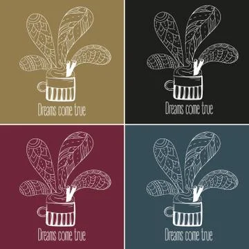 Coffee or tea set. Dreams come true text Stock Illustration
