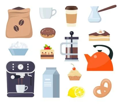 Coffee or tea time, set of elements. Breakfast with coffee and cake. Coffee m Illustrazione stock