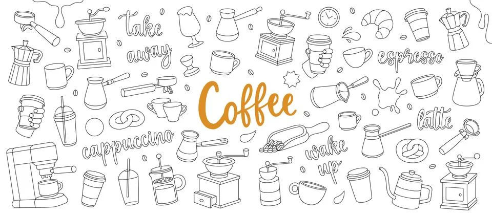 Coffee outline set. Beans, drinks, cups, pot, package, grinder, filter, machine Stock Illustration