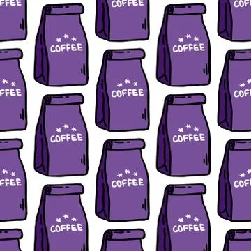 Coffee package seamless doodle pattern, vector color illustration 스톡 일러스트