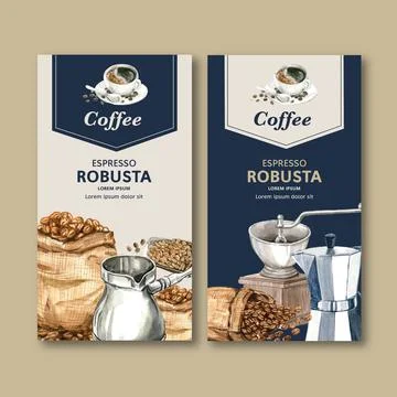 Coffee packaging bag design with bean, coffee cup maker machine design, water Stock Illustration