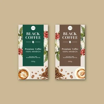 Coffee packaging bag design with branch leaves bean, maker machine,watercolor Stock Illustration
