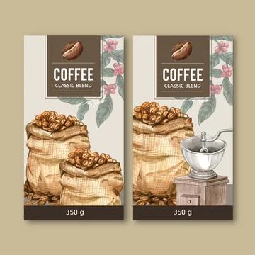 coffee packaging bag design with bean, coffee cup maker machine
