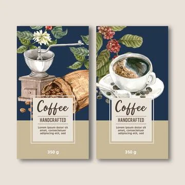 Coffee packaging bag design with branch leaves bean, maker machine,watercolor Stock Illustration