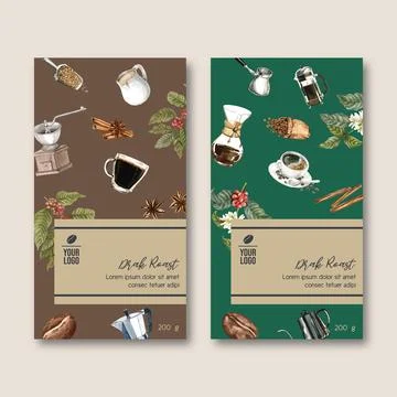Coffee packaging bag design with branch leaves bean, vintage design, watercol Stock Illustration