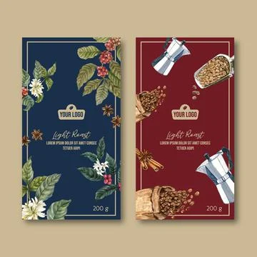Coffee packaging bag design with branch leaves bean, vintage design, watercol Stock Illustration