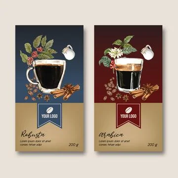 Coffee packaging bag design with branch leaves bean, americano, watercolor il Stock Illustration