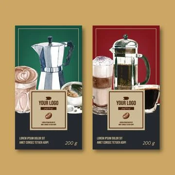 Coffee packaging bag design with branch leaves bean, vintage design, watercol Stock Illustration