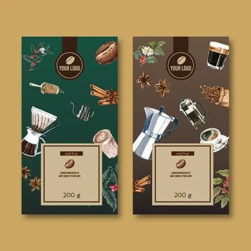 Coffee packaging bag design with branch leaves bean, vintage design, watercol Stock Illustration