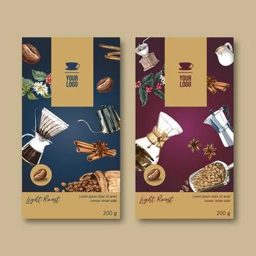 Coffee packaging bag design with branch leaves bean, vintage design, watercol Stock Illustration