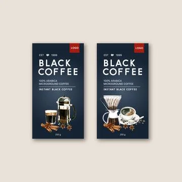 Coffee packaging bag design with coffee cup americano, design, watercolor ill Stock Illustration