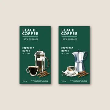 Coffee packaging bag design with coffee cup americano, design, watercolor ill Stock Illustration
