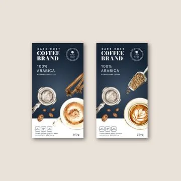 Coffee packaging bag design with coffee cup americano, design, watercolor ill Stock Illustration
