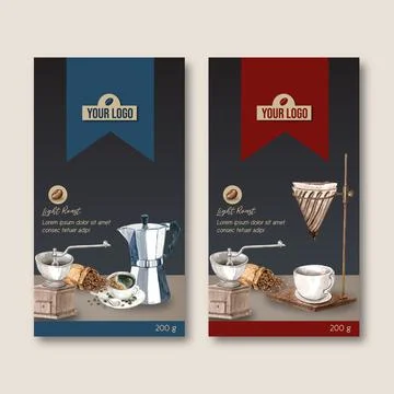 Coffee packaging bag design with coffee cup, modern design, watercolor illust Stock Illustration