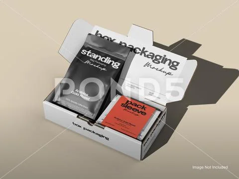 Coffee Packaging Mockup Box with Coffee Bag and Pack Sleeve Modèle PSD