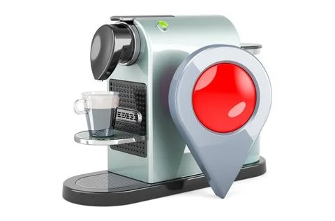 Coffee pad machine with map pointer, 3D rendering Map pointer with coffee ... Stock Photos