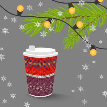Coffee paper cup with knitted pattern, christmas lights and snowflakes Stock Illustration
