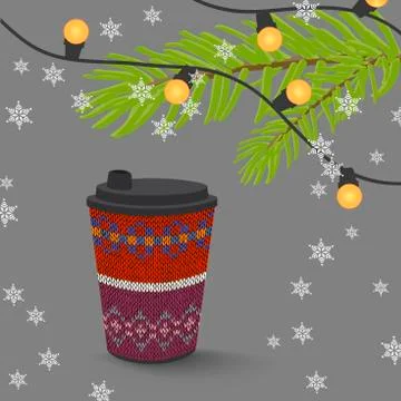 Coffee paper cup with knitted pattern, christmas lights and snowflakes Stock Illustration