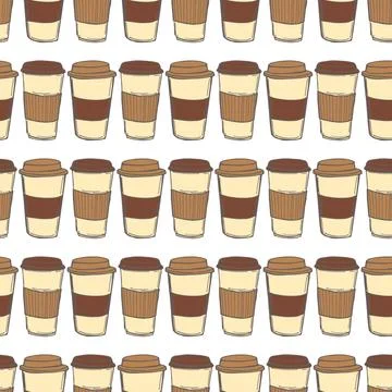 Coffee  in paper cups. Vector pattern. Stock Illustration