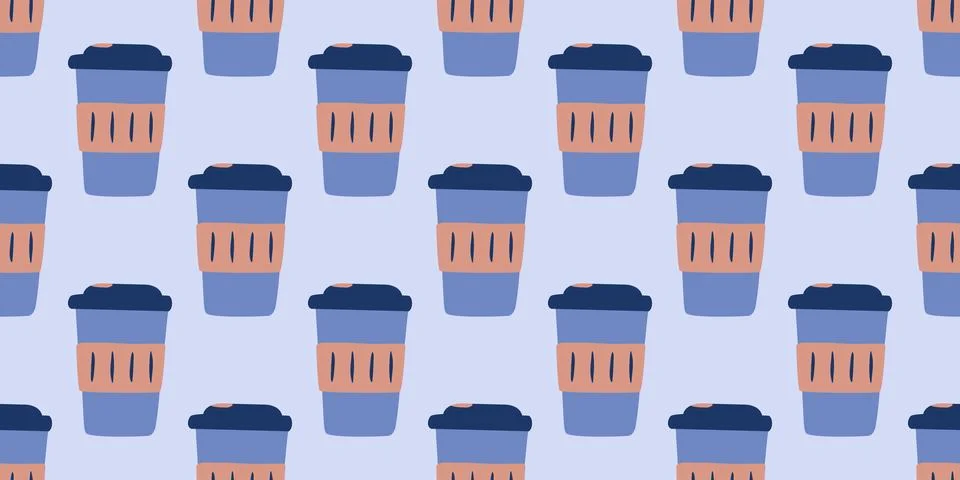 Coffee Pattern Disposable Takeaway Cup. Seamless symmetrical print hot drink mug Illustrazione stock
