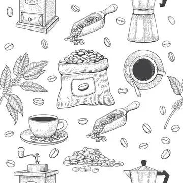 Coffee pattern. Engraved tree leaves and beans sketch, hand drawn outline mug Stock Illustration