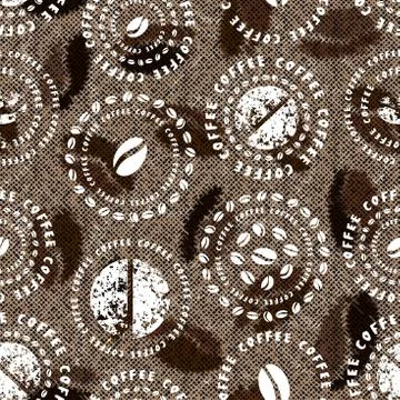 Coffee pattern on a rough canvas texture Seamless pattern. 스톡 일러스트
