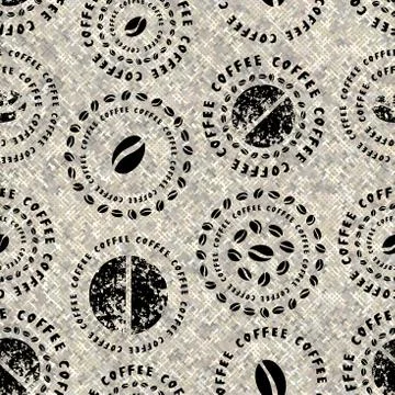 Coffee pattern on a rough canvas texture Seamless pattern. Stock Illustration