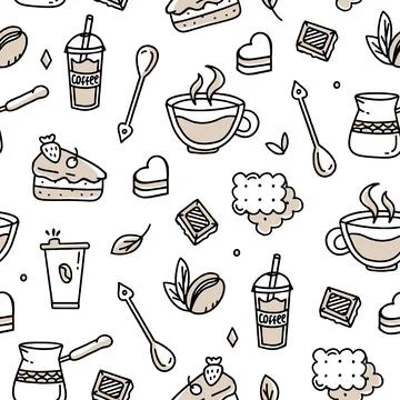 Coffee pattern with Turkish beans and croissants on a white background. Vector Stock Illustration