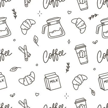 Coffee pattern with Turkish beans and croissants on a white background. Vector Stock Illustration