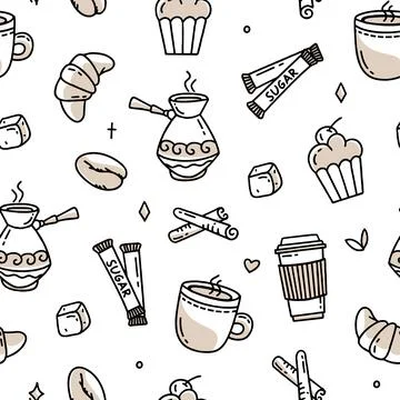 Coffee pattern with Turkish beans and croissants. Vector illustration in dood Illustrazione stock
