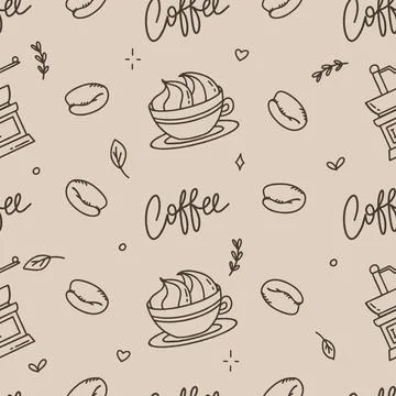 Coffee pattern with Turks and capsules on a beige background. Vector Stock Illustration