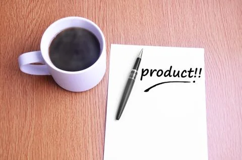 Coffee, pen and notes write product Foto stock