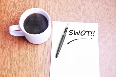 Coffee, pen and notes write swot Stock Photos