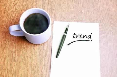 Coffee, pen and notes write trend Foto stock