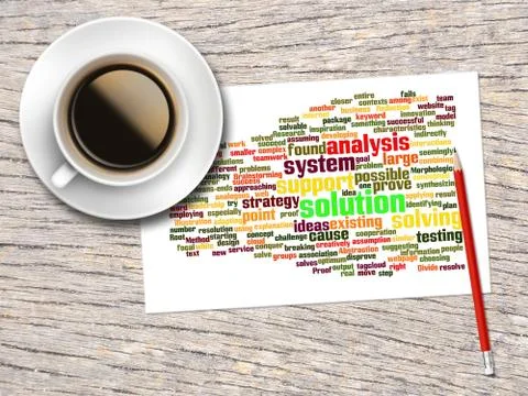 Coffee, Pencil And A Note Contain Word Clouds Of Solution And Its Related Wor Stockillustratie