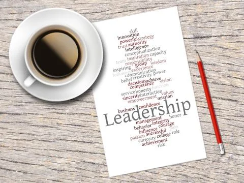 Coffee, Pencil And A Note Contain Word Clouds Of Leadership And Its Related W Stock-Illustration
