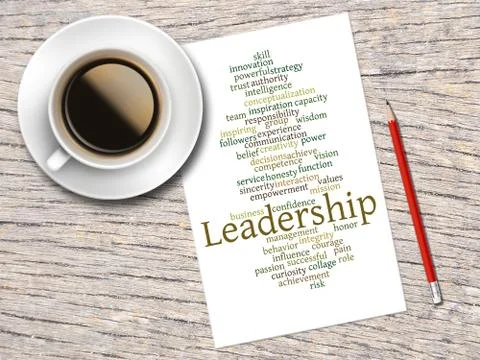 Coffee, Pencil And A Note Contain Word Clouds Of Leadership And Its Related W Stock-Illustration
