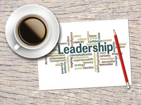 Coffee, Pencil And A Note Contain Word Clouds Of Leadership And Its Related W Stock-Illustration