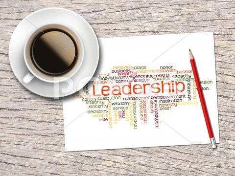 Coffee, Pencil And A Note Contain Word Clouds Of Leadership And Its ...